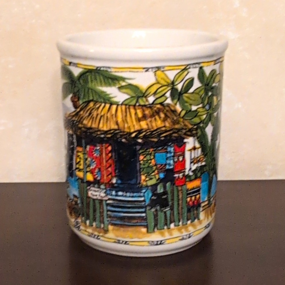 Cypress Home Tropical Flamingo Ceramic Utensil Holder Kitchen Crock Palm Tree